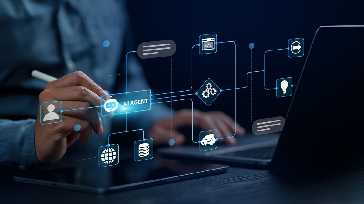 AI workflow automation with business professional controlling automation diagram